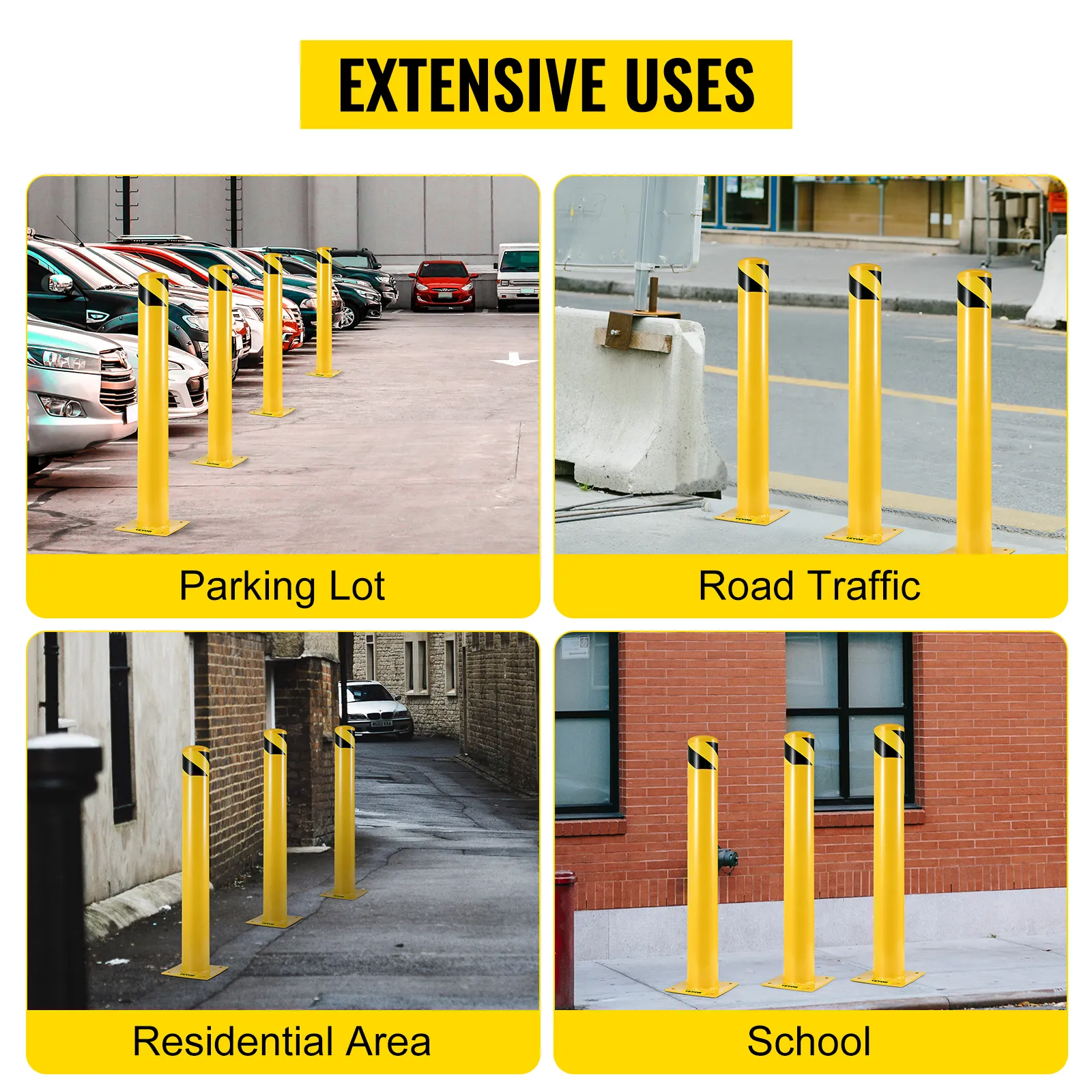 VEVOR safety bollard in parking lot, road traffic, residential area, and school settings.