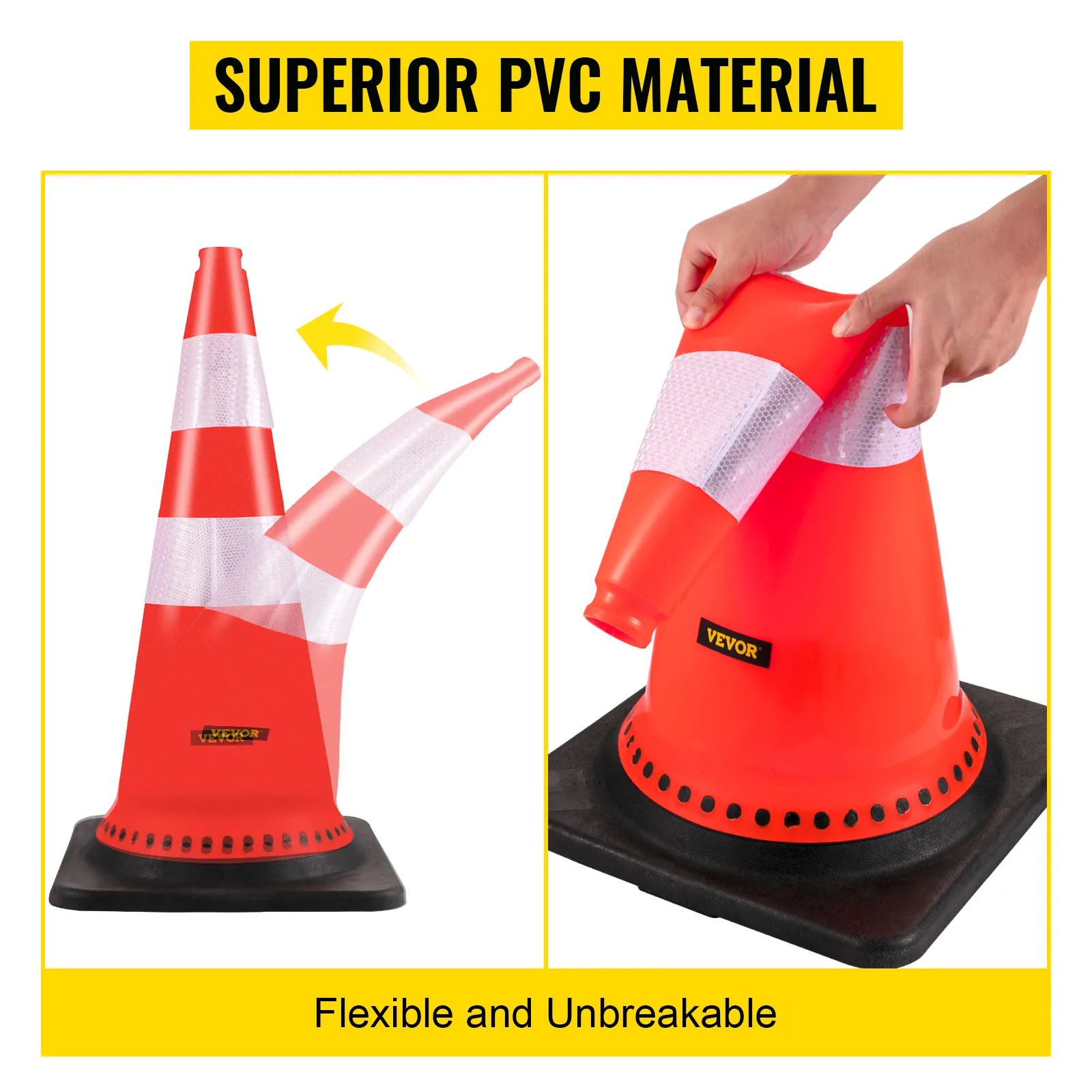 VEVOR-Sicherheitskegel aus hochwertigem PVC-Material, flexibel und langlebig.