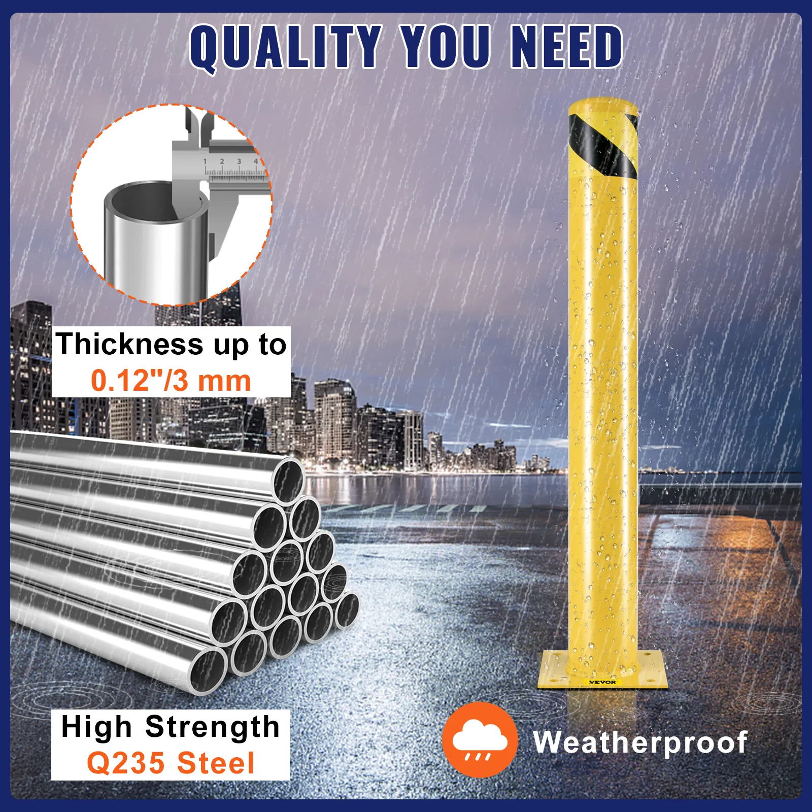 VEVOR safety bollard: weatherproof, 0.12"/3mm thick q235 steel for high strength.