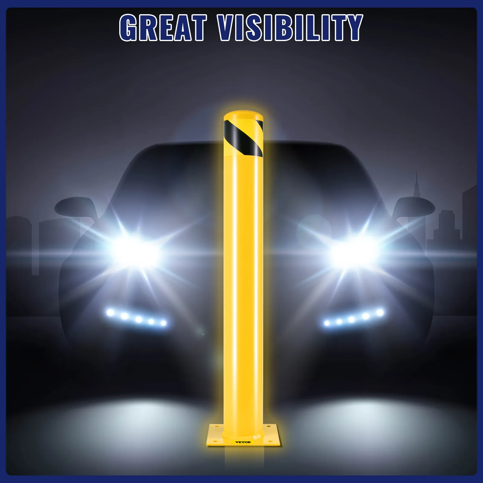 VEVOR safety bollard with high visibility in front of car headlights at night.