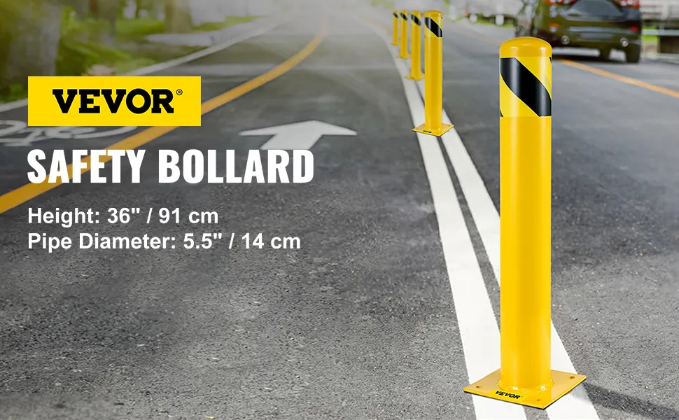 VEVOR steel safety bollard on a road with yellow base and black stripes.