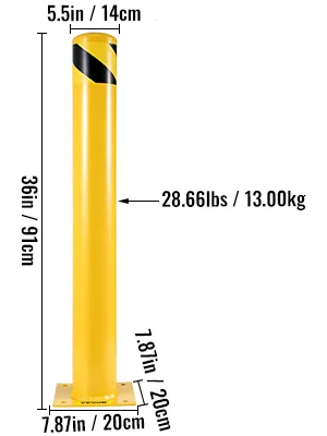 yellow VEVOR steel safety bollard, 36in tall, 5.5in diameter, 13kg weight.