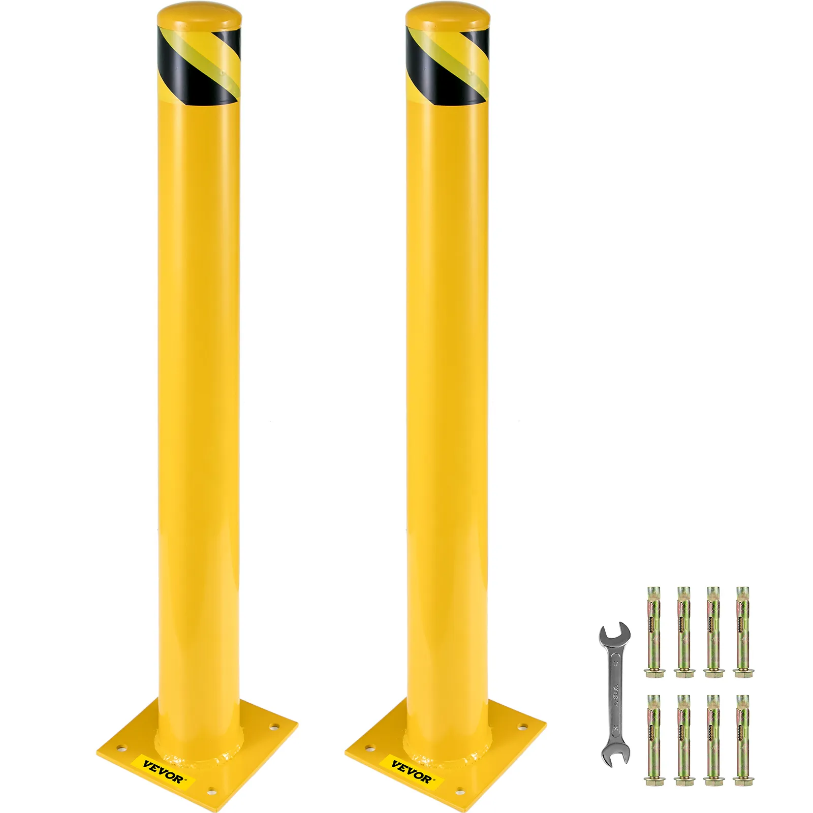 VEVOR steel safety bollard, yellow with black stripes, wrench, and bolts included.