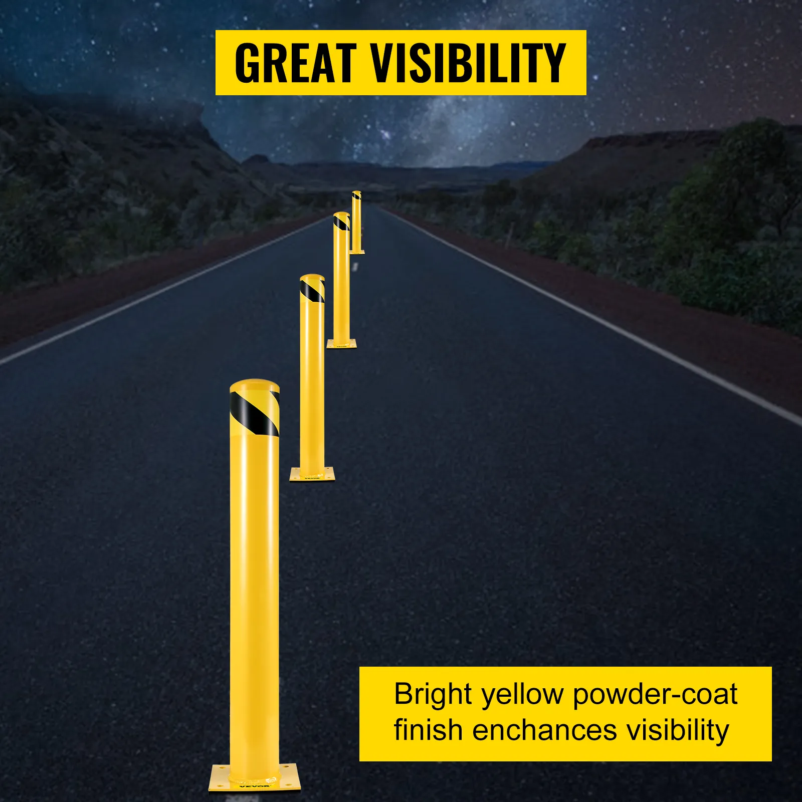 VEVOR steel safety bollard, bright yellow with black stripes for great visibility at night.