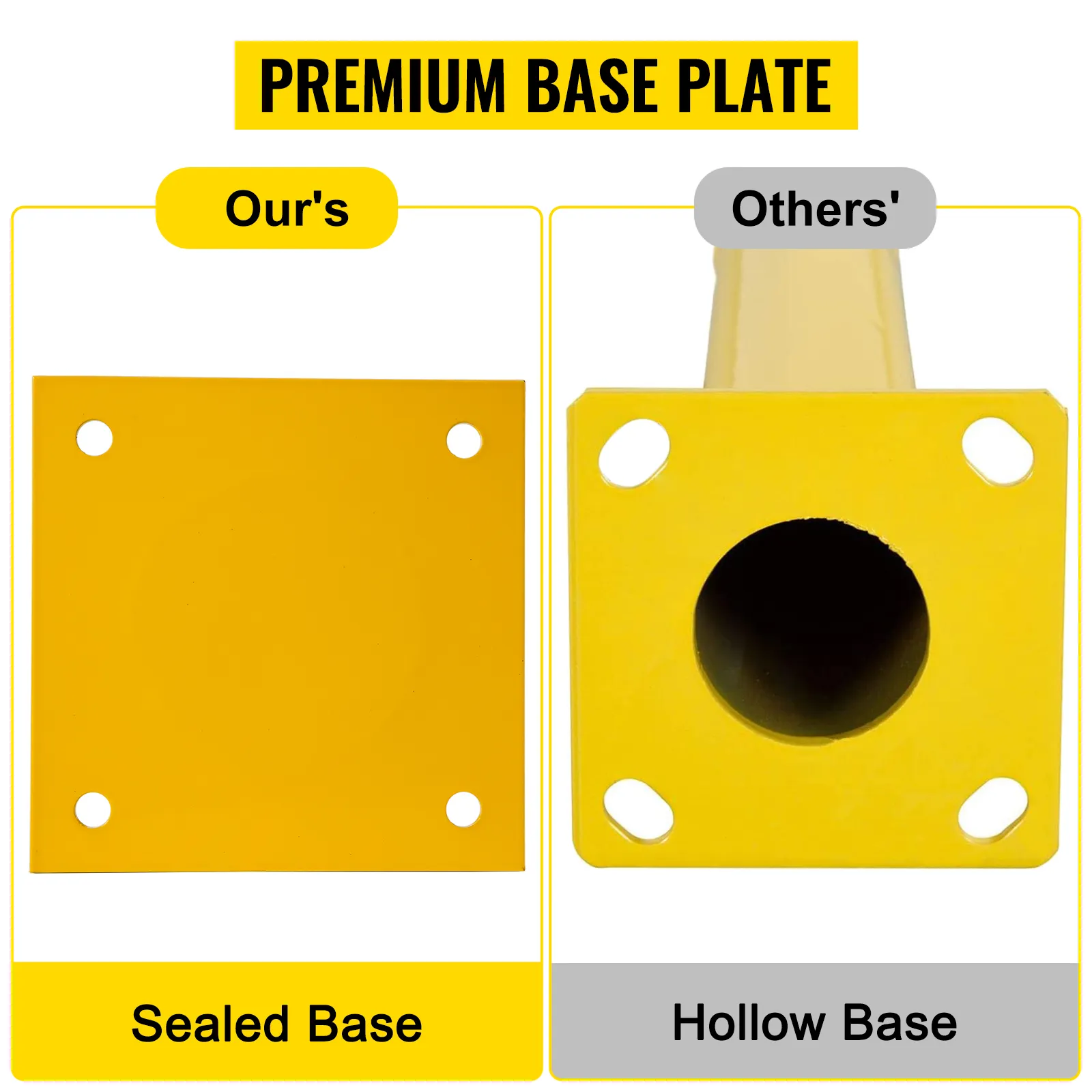 VEVOR steel safety bollard sealed base vs. others' hollow base comparison.