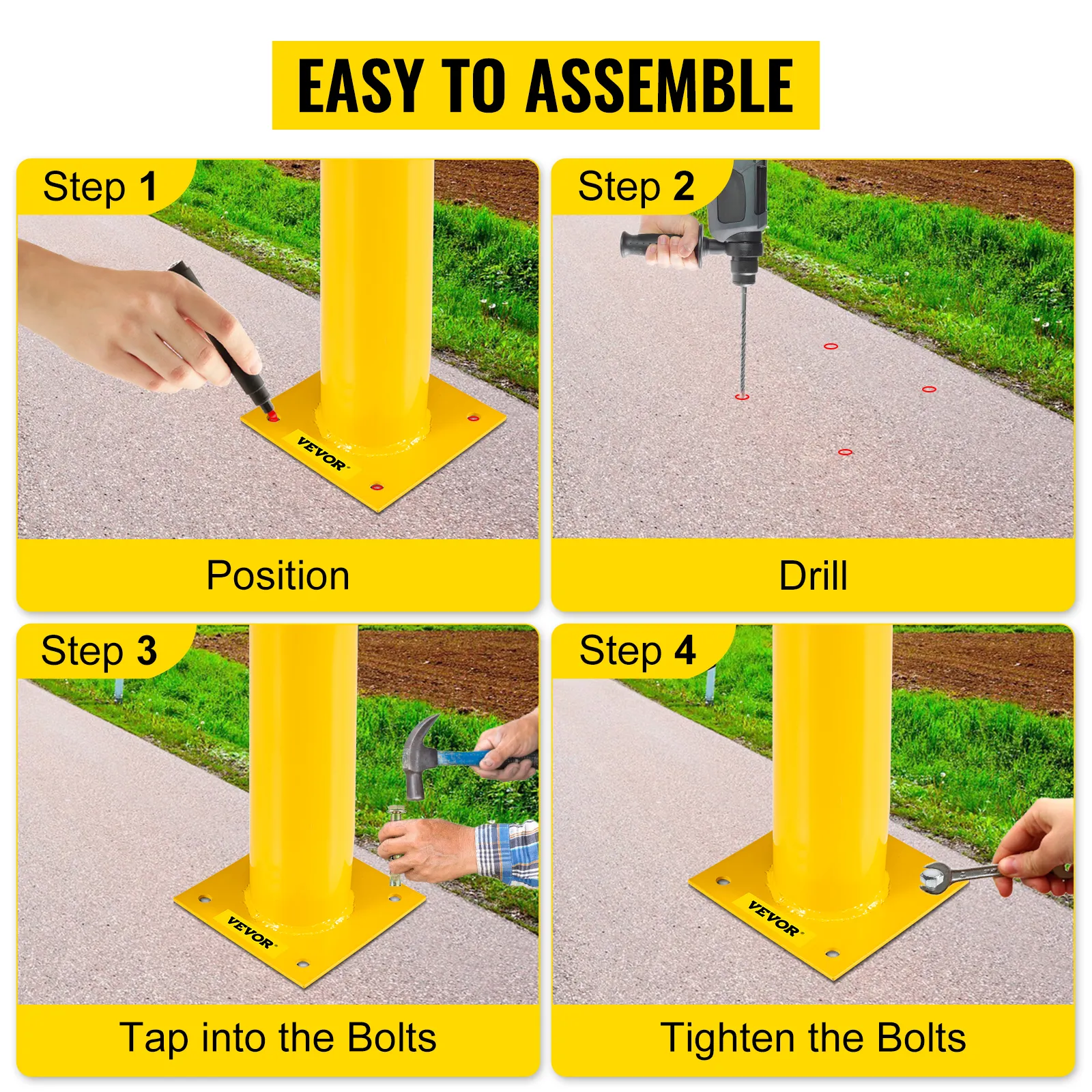 VEVOR steel safety bollard installation steps: position, drill, tap bolts, tighten bolts.