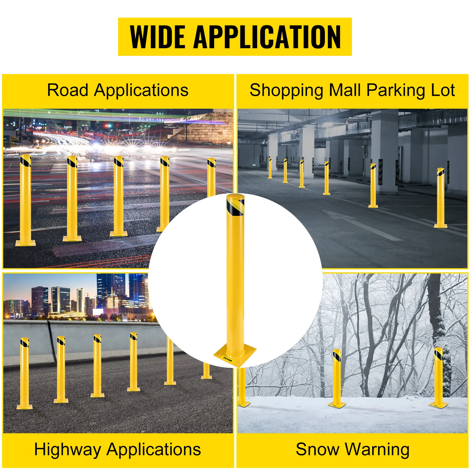 VEVOR steel safety bollard for road, highway, parking, and snow warning applications.