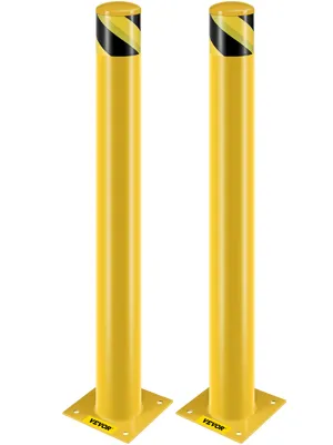 yellow VEVOR safety bollard with black and yellow stripes, secured on flat bases.