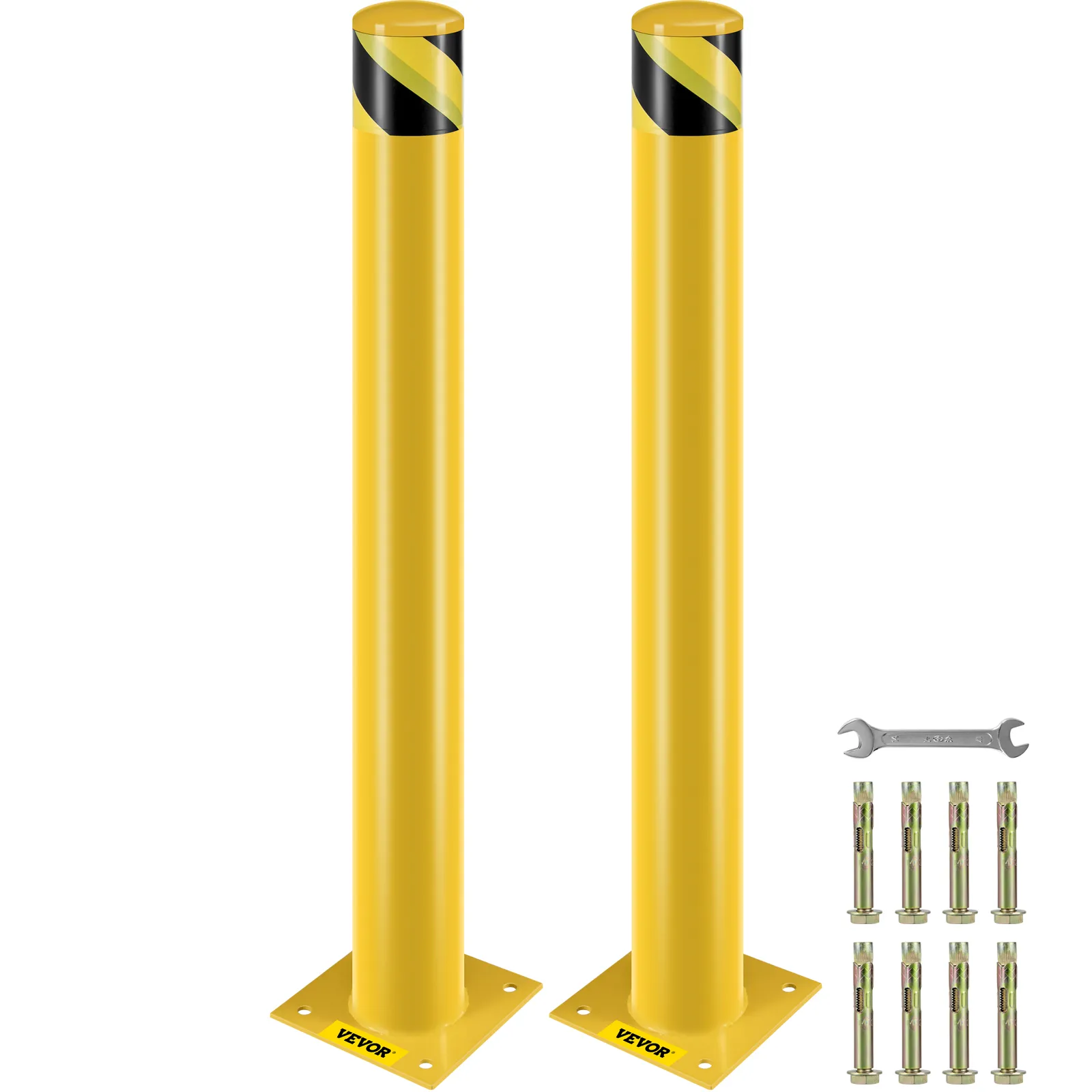 yellow VEVOR safety bollard with black stripes, mounting kit, and wrench included.