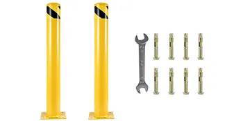 yellow VEVOR safety bollard set with wrench and mounting bolts.