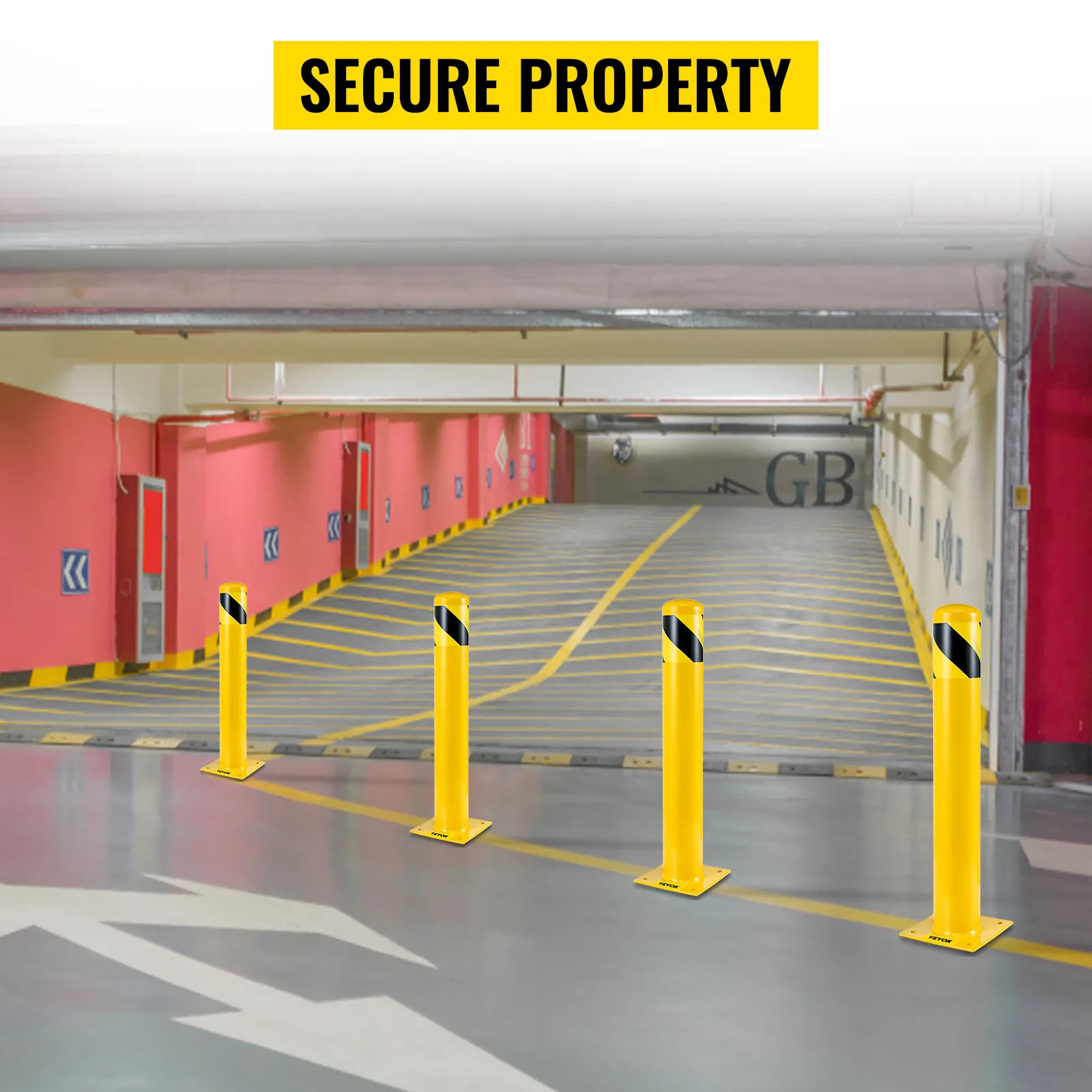 secure parking garage entry with four yellow VEVOR safety bollards, black stripes.