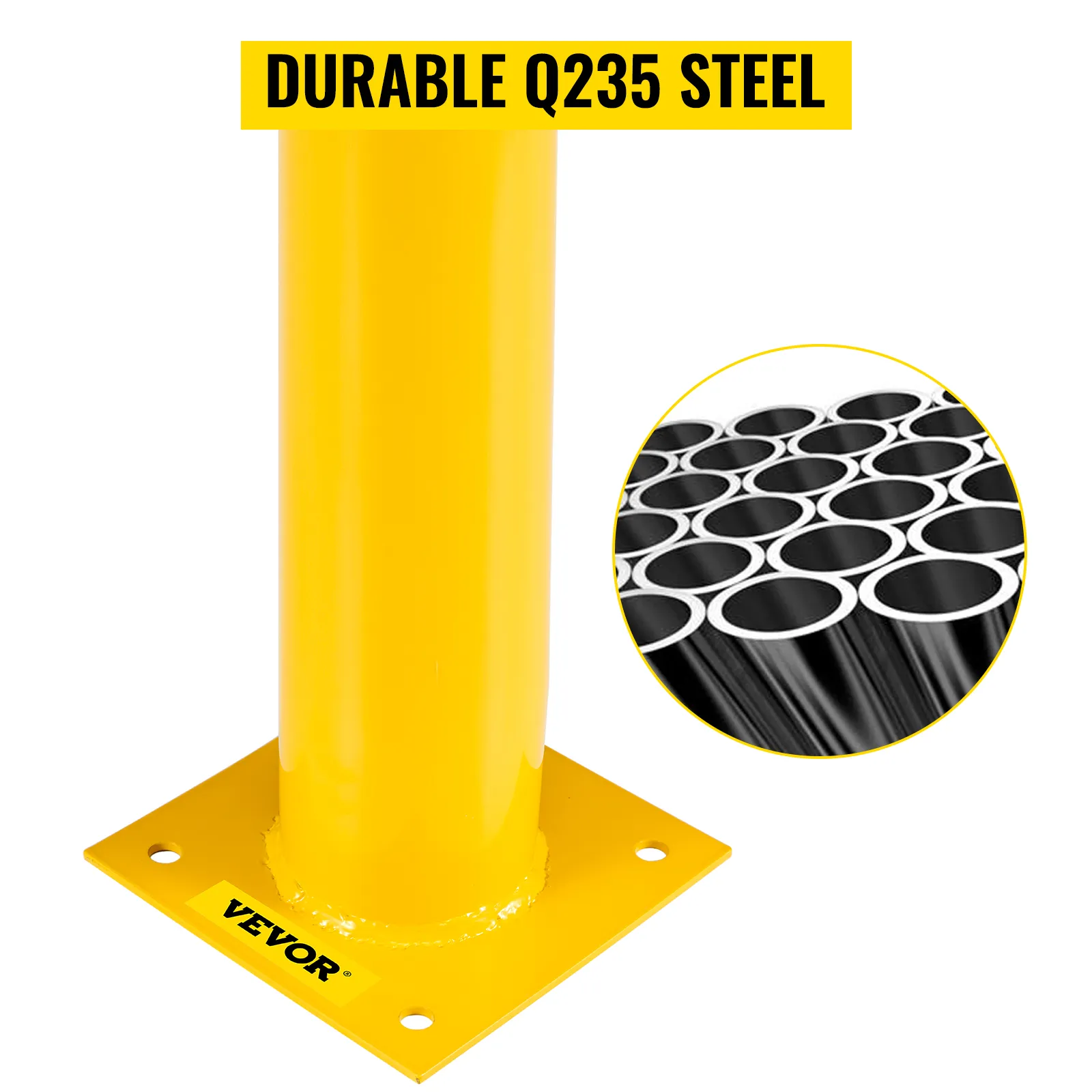 yellow VEVOR safety bollard made of durable q235 steel with VEVOR logo.