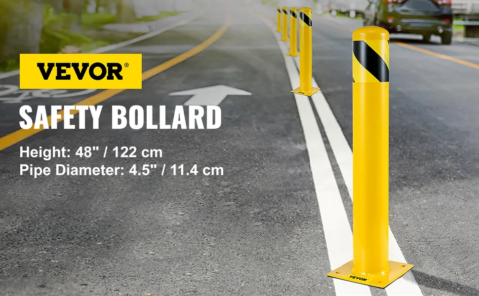 VEVOR safety bollard marking a lane with yellow posts and black diagonal stripes.