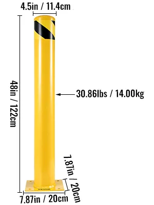 yellow VEVOR safety bollard with baseplate and measurements indicated in inches and cm.