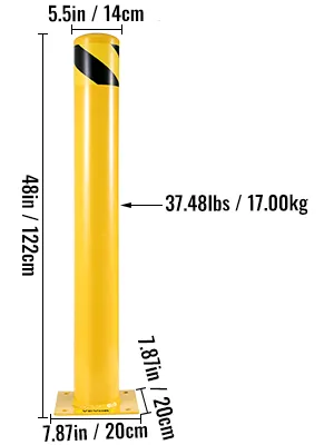 yellow VEVOR safety bollard with dimensions and weights labeled in inches and centimeters.