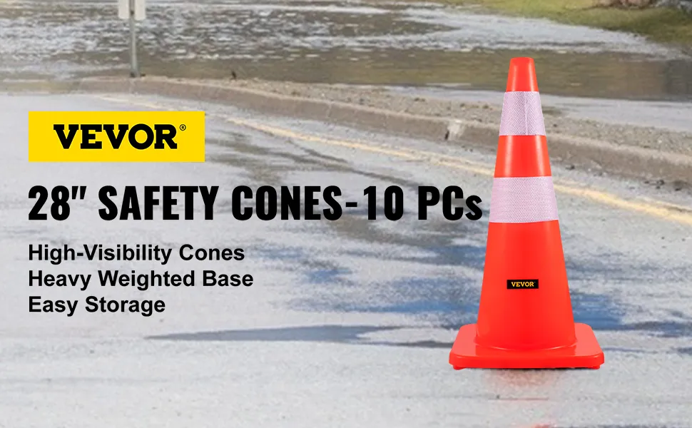 VEVOR safety cones with reflective bands on a wet street, promoting high visibility.