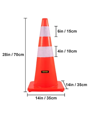 VEVOR safety cone with reflective bands, 28in tall, 14in base, measurements shown.