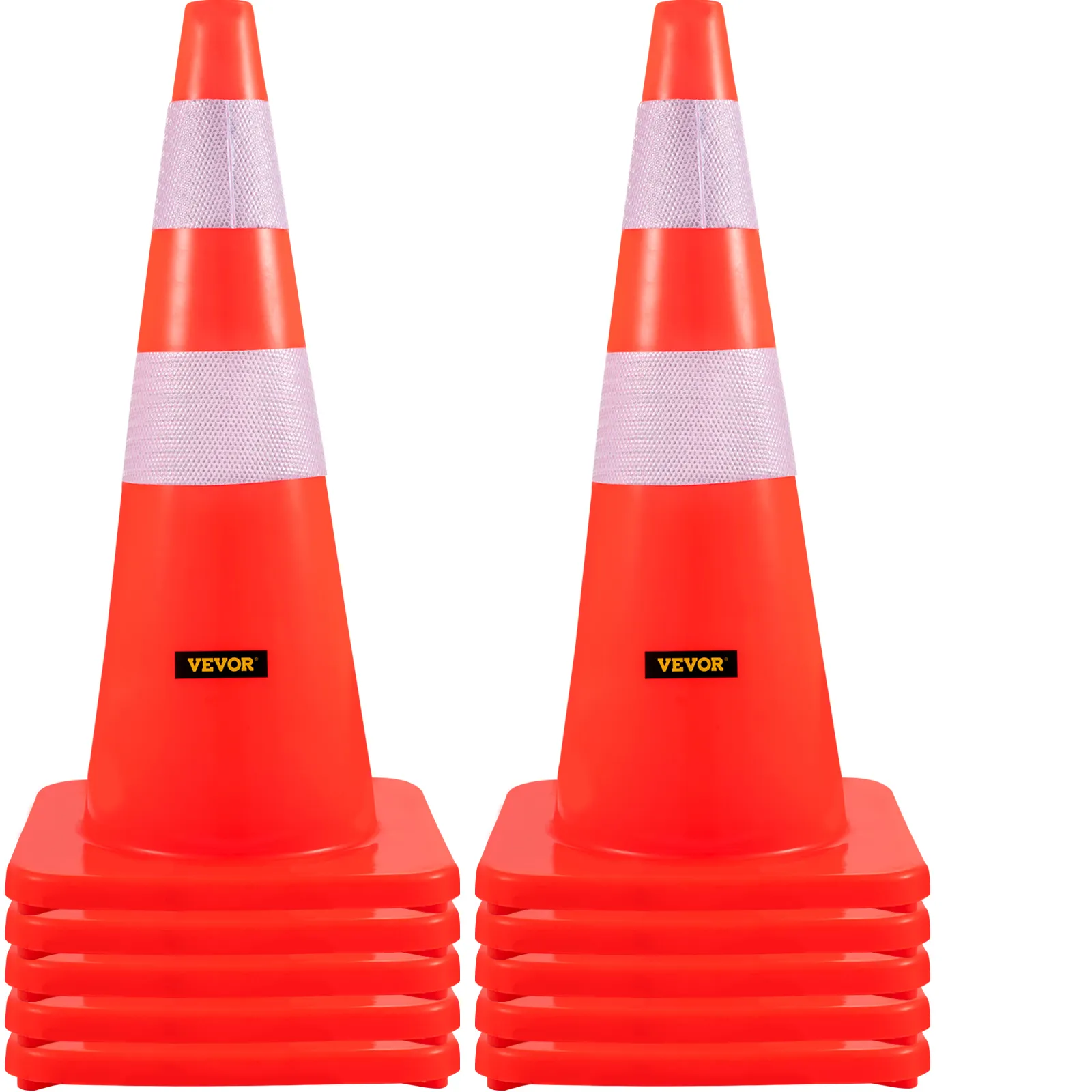 VEVOR safety cones stacked with reflective tape, highlighting durability and visibility.