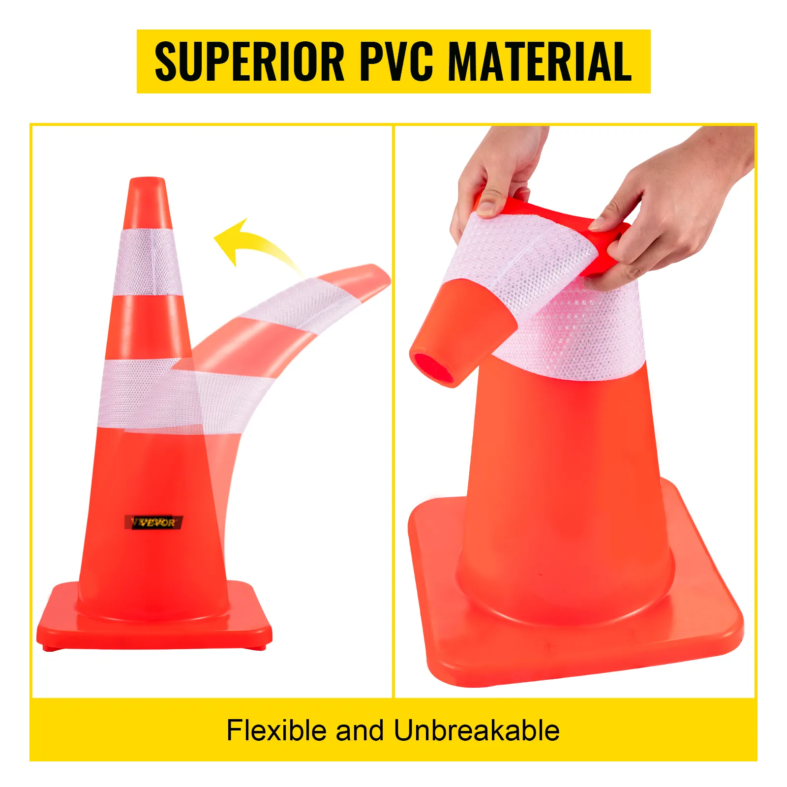 VEVOR safety cones with flexible pvc material, showcasing durability and unbreakable design.