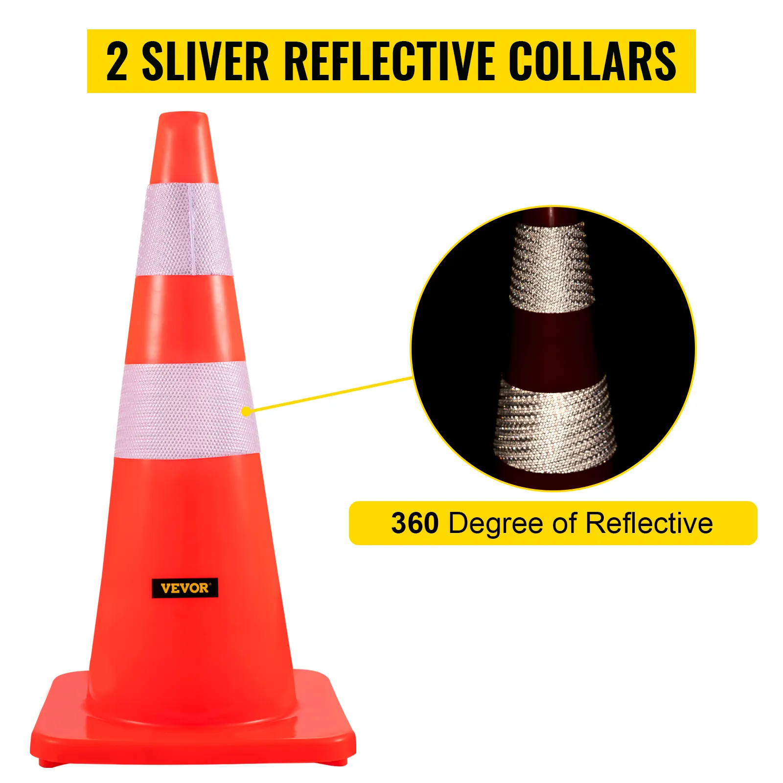VEVOR safety cones with 2 silver reflective collars and 360-degree reflectivity.