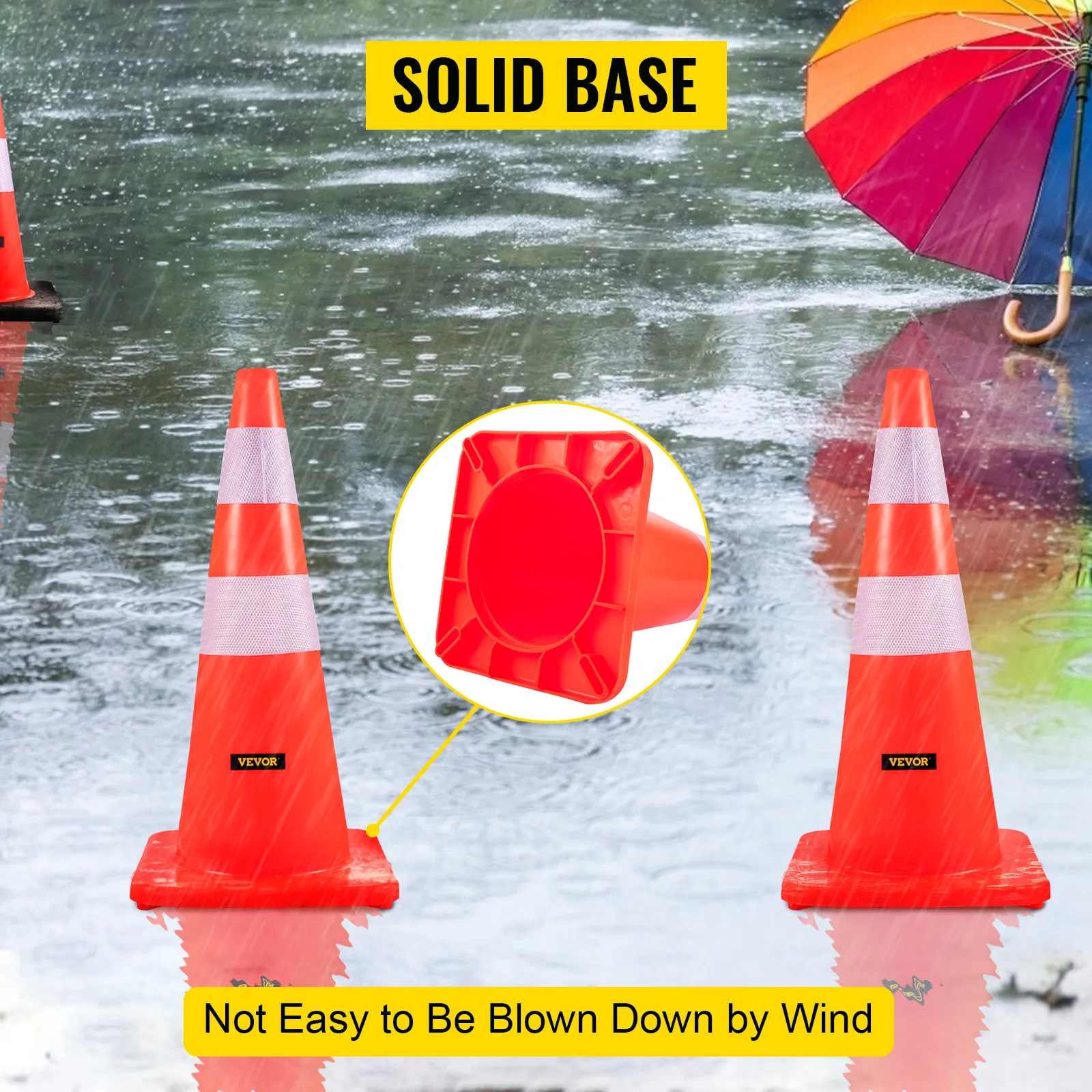 VEVOR safety cones with solid base in rainy weather, not easy to blow down by wind.