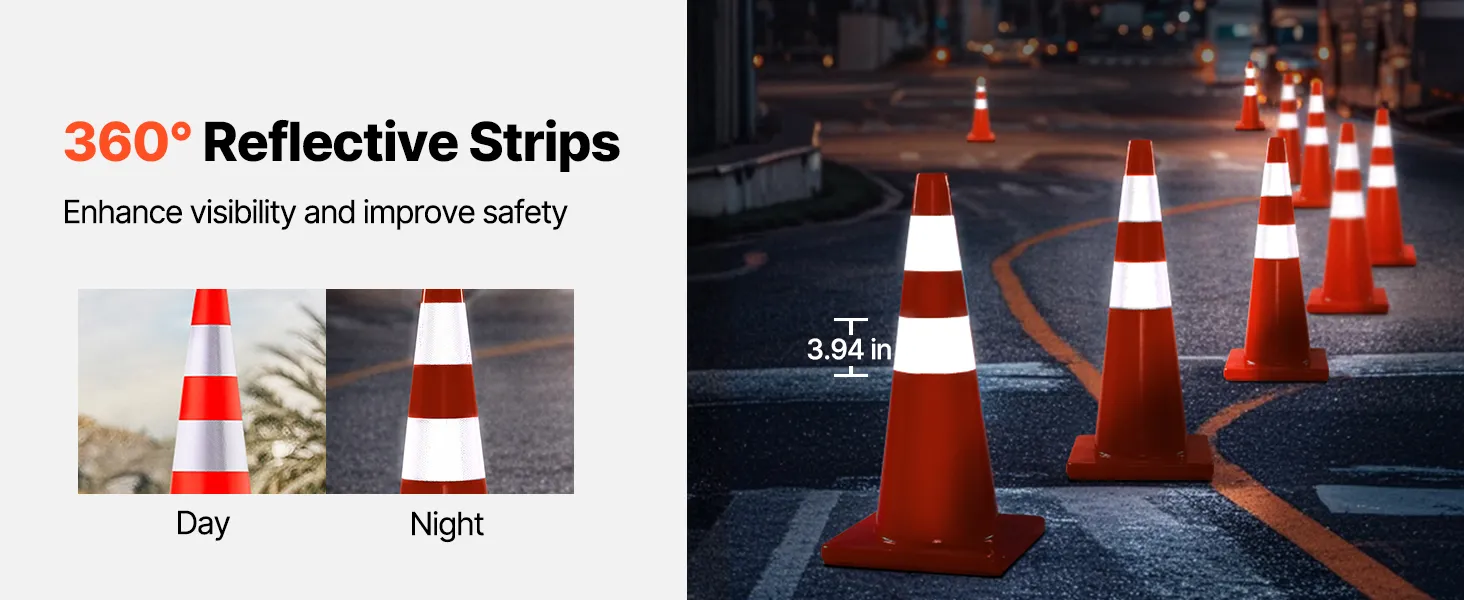 VEVOR safety cones, 28" high-visibility with weighted base for easy storage.