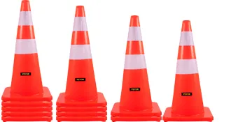 VEVOR safety cones with reflective stripes and red tape, 4 cones stacked in pairs.