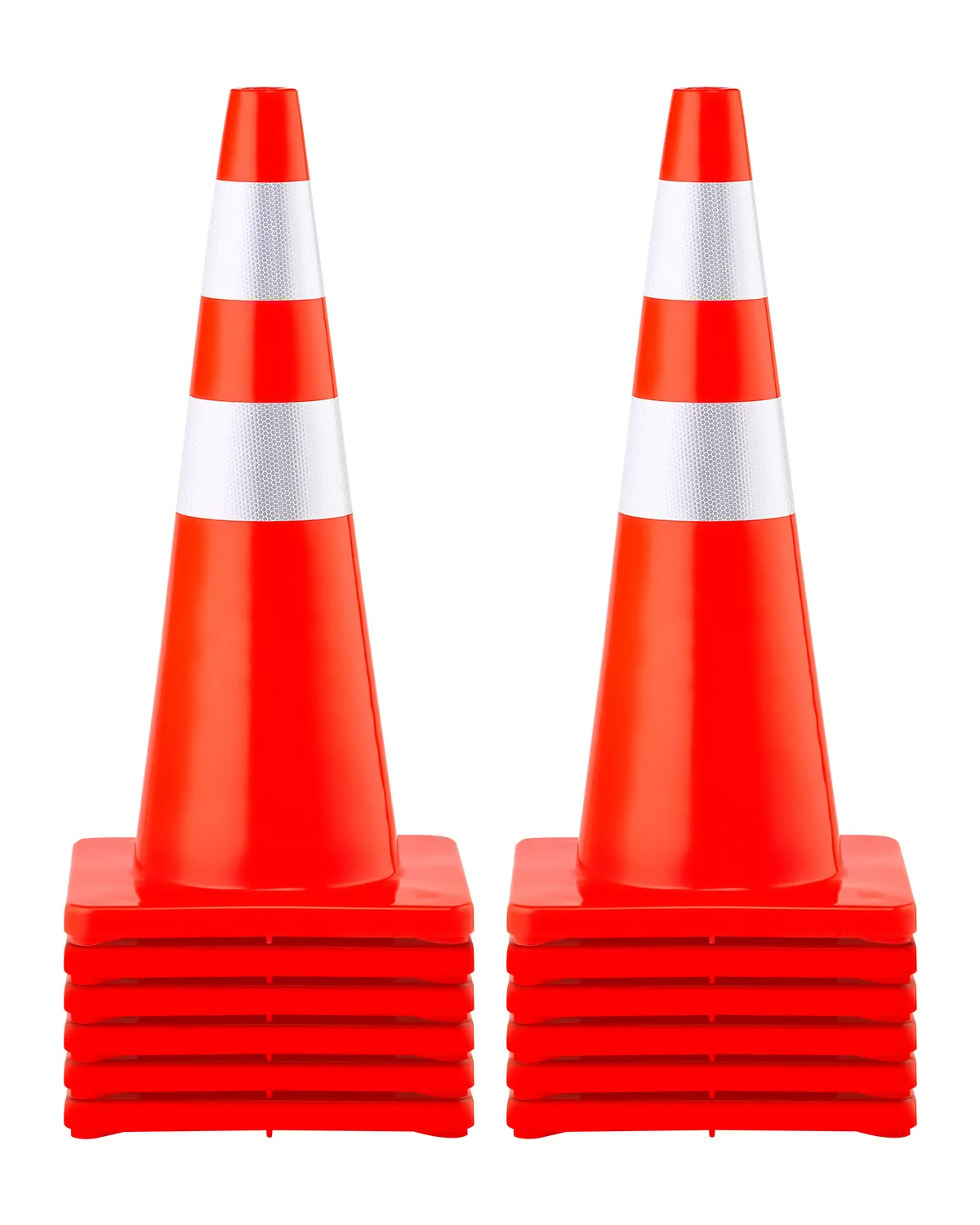 VEVOR safety cones, set of 10 stackable cones with reflective tape and a roll of tape.