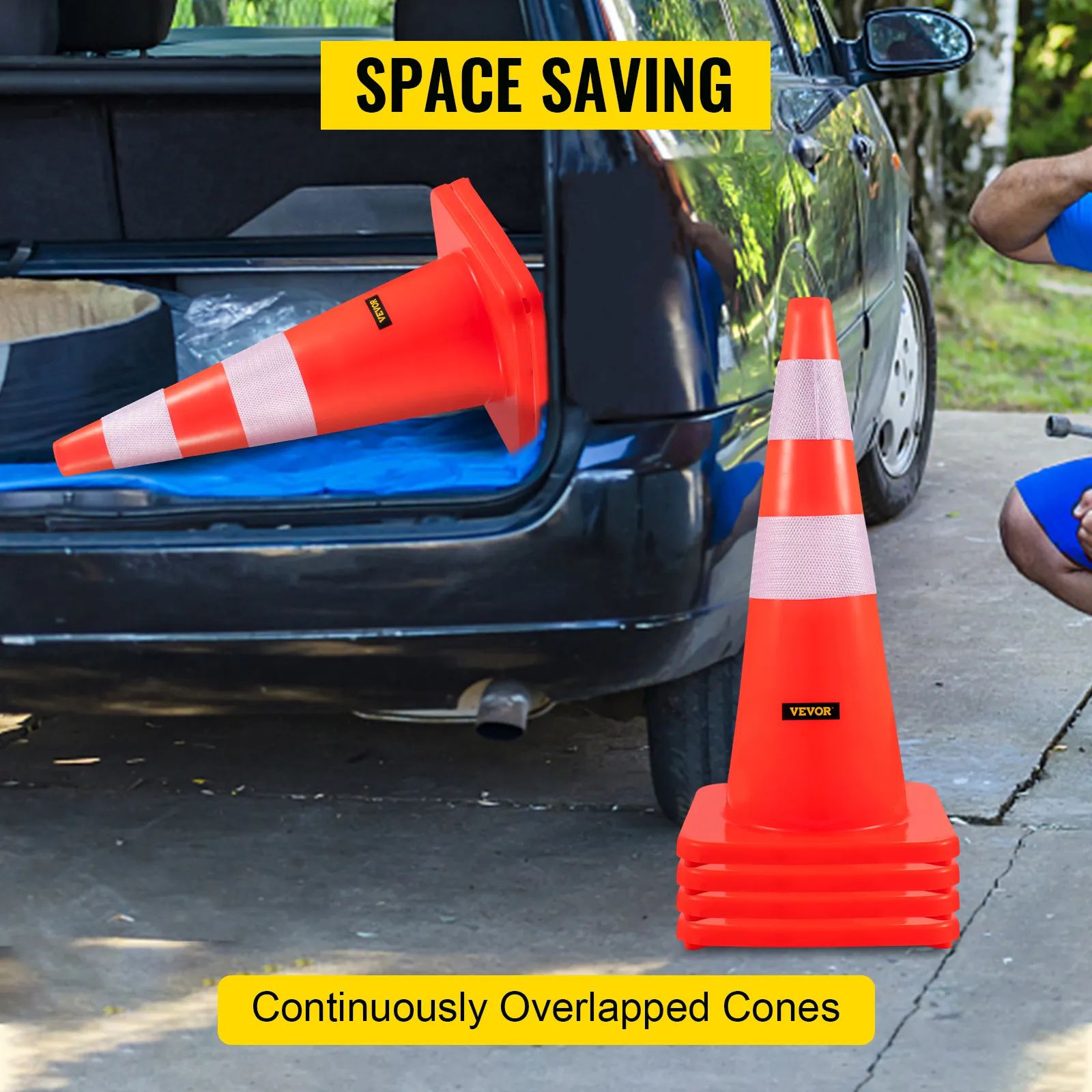 VEVOR safety cones stacked for space-saving, with one cone in car trunk.