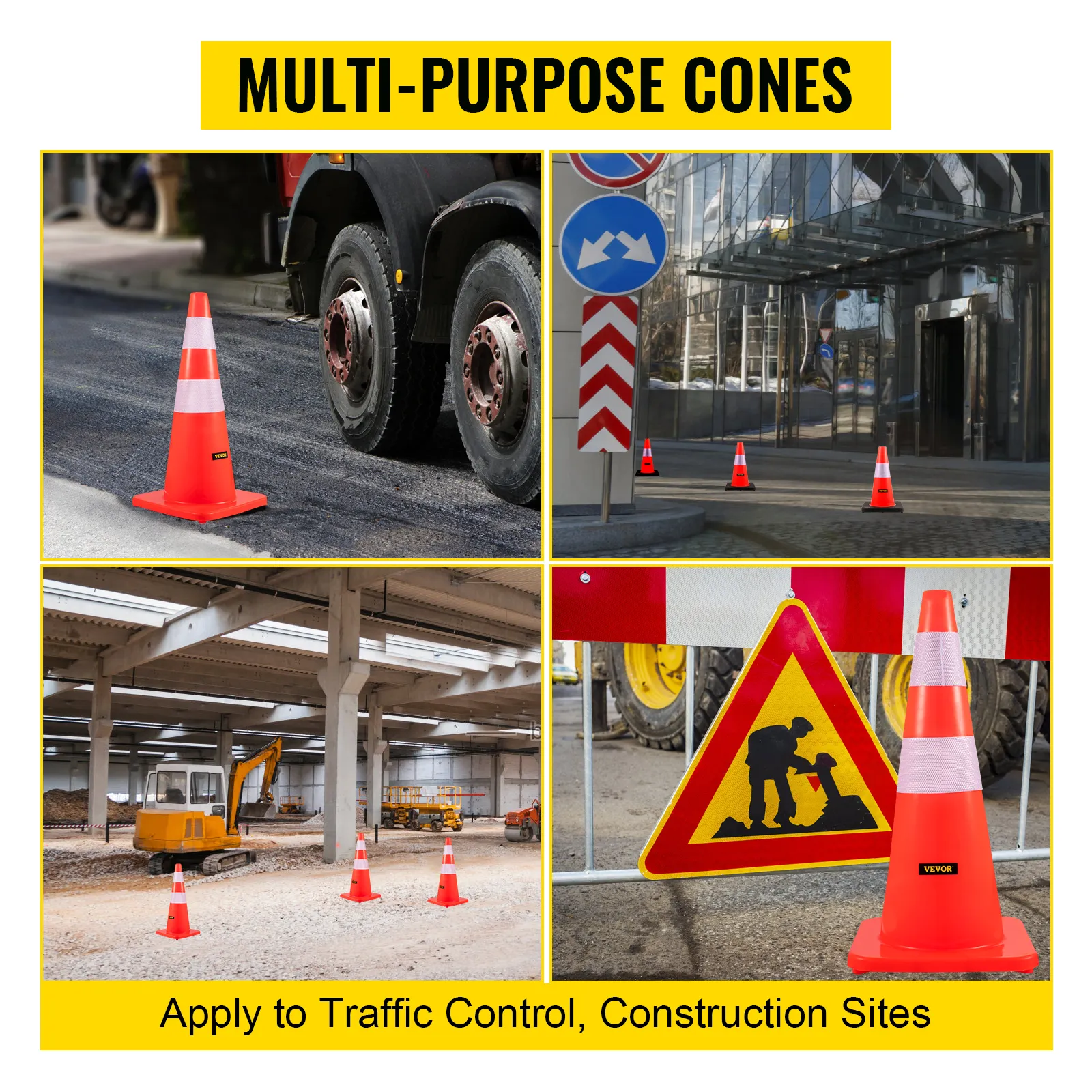 VEVOR safety cones used for traffic control and construction sites.