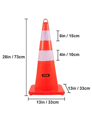 VEVOR traffic cone, 28in height, 13in base, with reflective stripes, orange color.