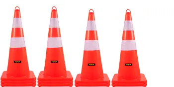 four VEVOR traffic cones with reflective stripes and roll of red reflective tape.