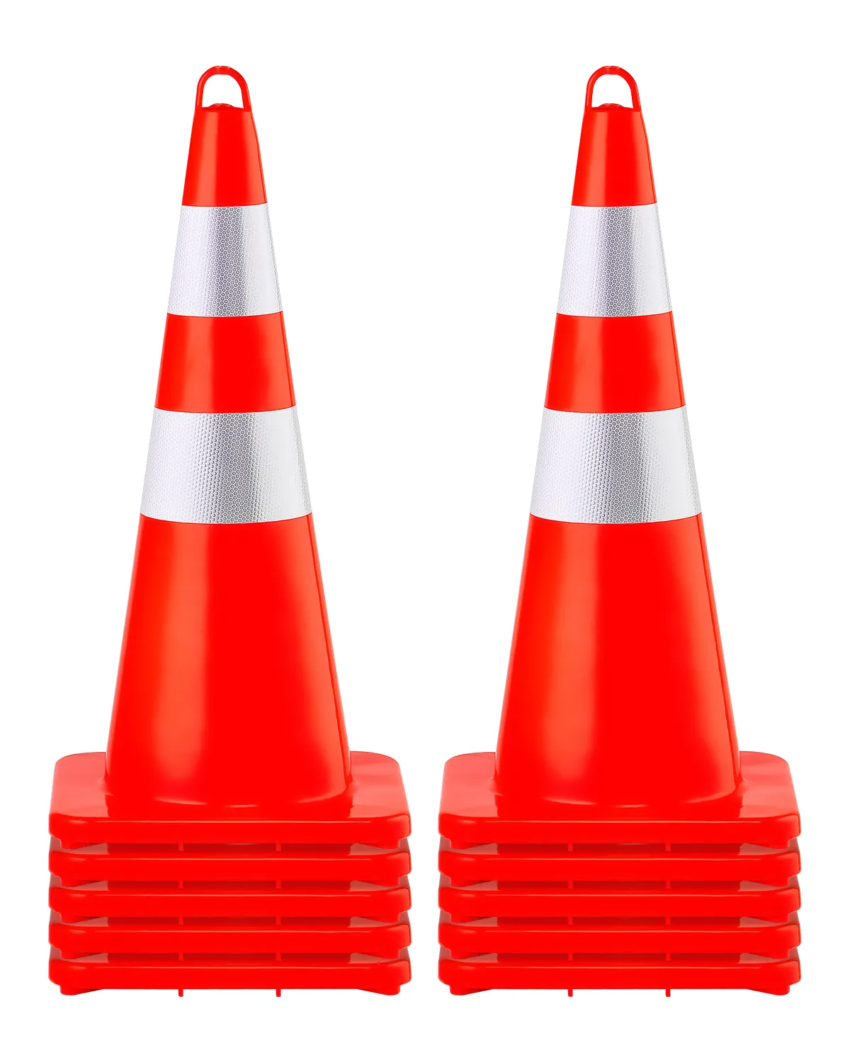 VEVOR traffic cones with reflective strips and stacking bases for safety and visibility.