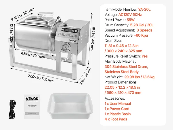 VEVOR Meat Tumbler Marinator, 10L Vacuum Tumbler Marinating