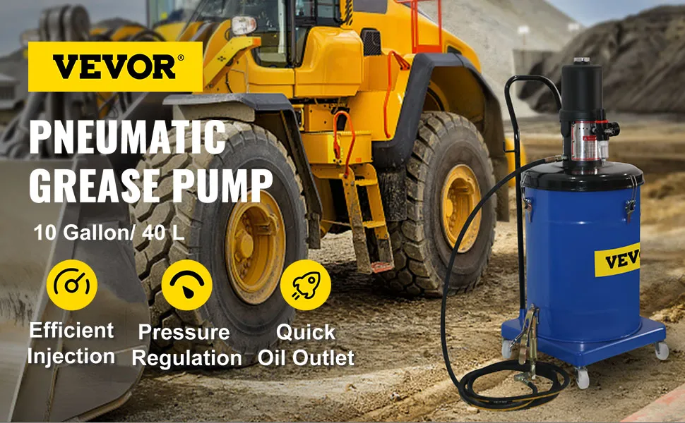 Bomba de grasa VEVOR junto a un gran vehículo de construcción amarillo con texto que resalta sus características.