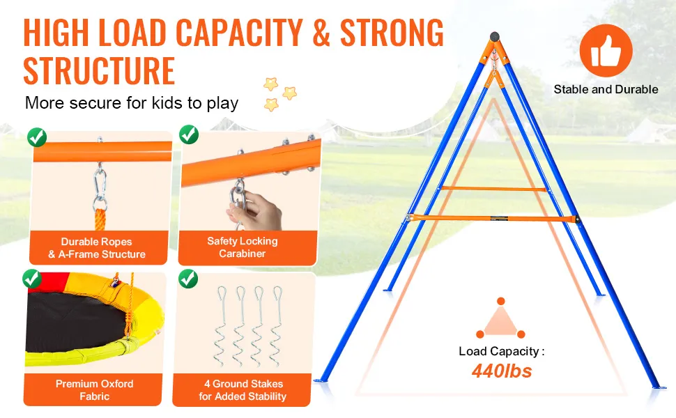 high load capacity a-frame VEVOR swing sets with safety carabiner, durable ropes, and ground stakes for stability.