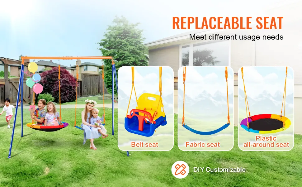 VEVOR swing sets with replaceable seats: belt seat, fabric seat, plastic all-around seat.
