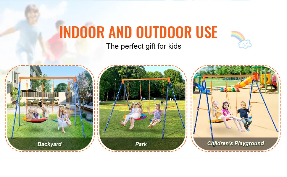 VEVOR swing sets for indoor and outdoor use in backyard, park, and children's playground.
