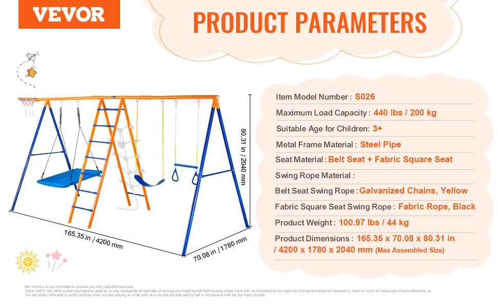 VEVOR swing set product parameters chart with dimensions, weight, load capacity, suitable age, and material details.