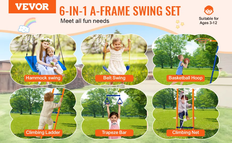 VEVOR swing set 6-in-1 a-frame with hammock, belt swing, basketball hoop, climbing ladder, trapeze bar, and net.
