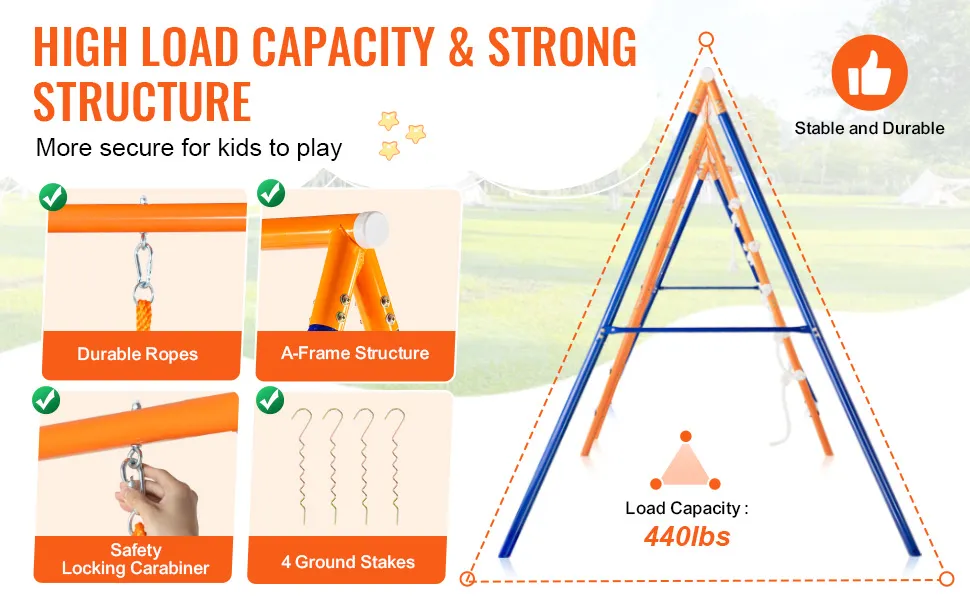 VEVOR swing set with durable ropes, a-frame structure, safety locking carabiner, and 4 ground stakes.