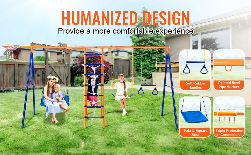 kids enjoying the VEVOR swing set with comfort features like soft rubber handles and fabric square seat.