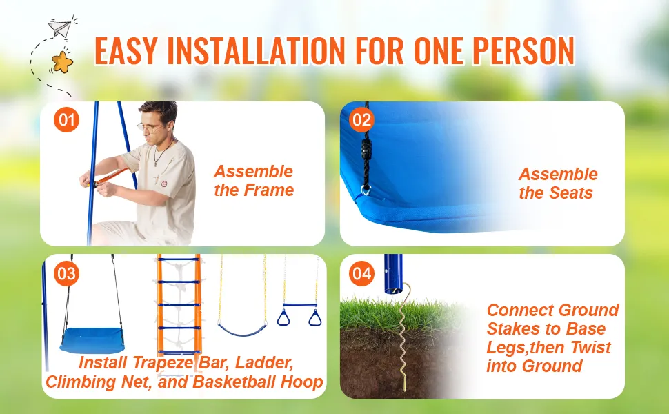 VEVOR swing set easy installation guide: frame setup, seat assembly, accessories, and ground stakes.
