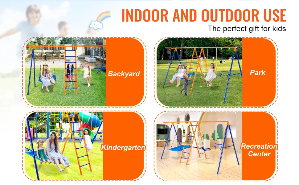 VEVOR swing set for indoor and outdoor use in backyard, park, kindergarten, and recreation center.