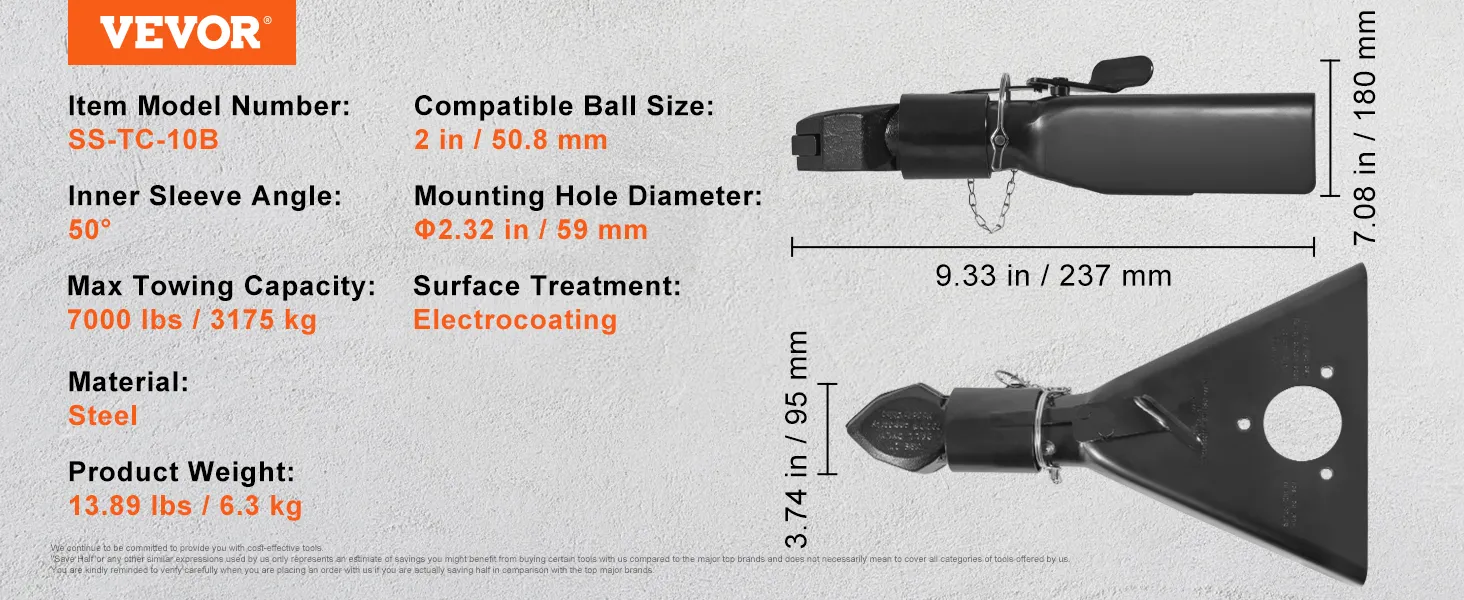 VEVOR A-Rahmen-Anhängerkupplung, SS-TC-10B, Stahl, 7000 lbs Tragkraft, 2 Zoll Kugel, 50° Winkel, elektrolytisch beschichtet.