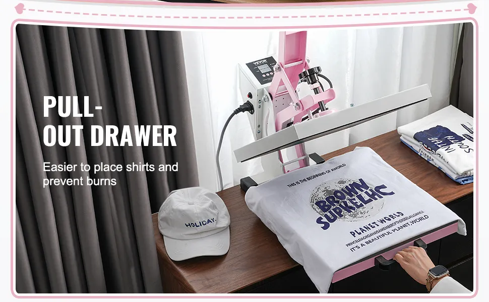 Máquina de prensado térmico VEVOR con cajón extraíble, prensado de camisetas, gorras de béisbol y camisas cerca.
