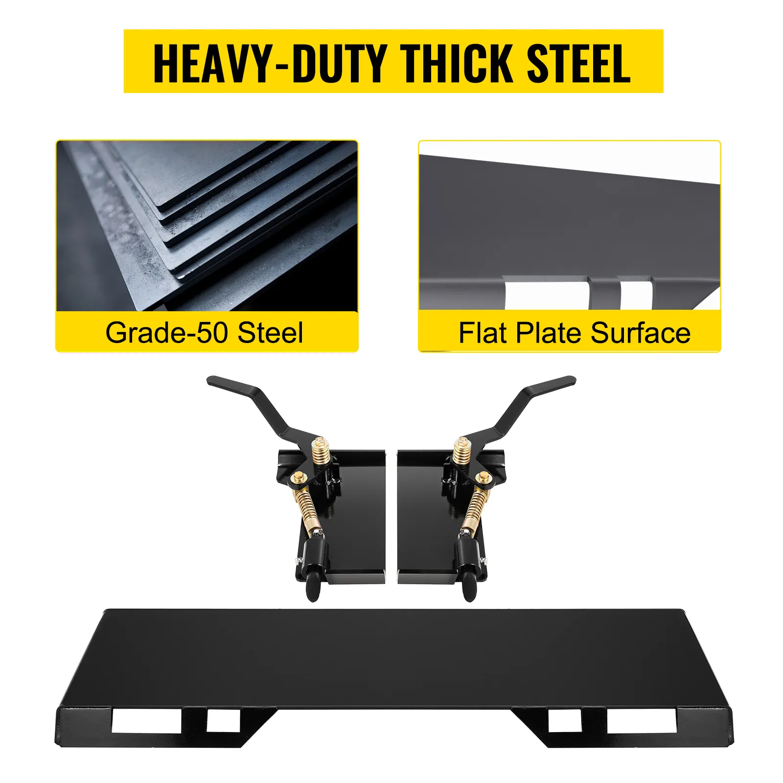 VEVOR skid steer attachment made of grade-50 steel, heavy-duty thick flat plate surface.