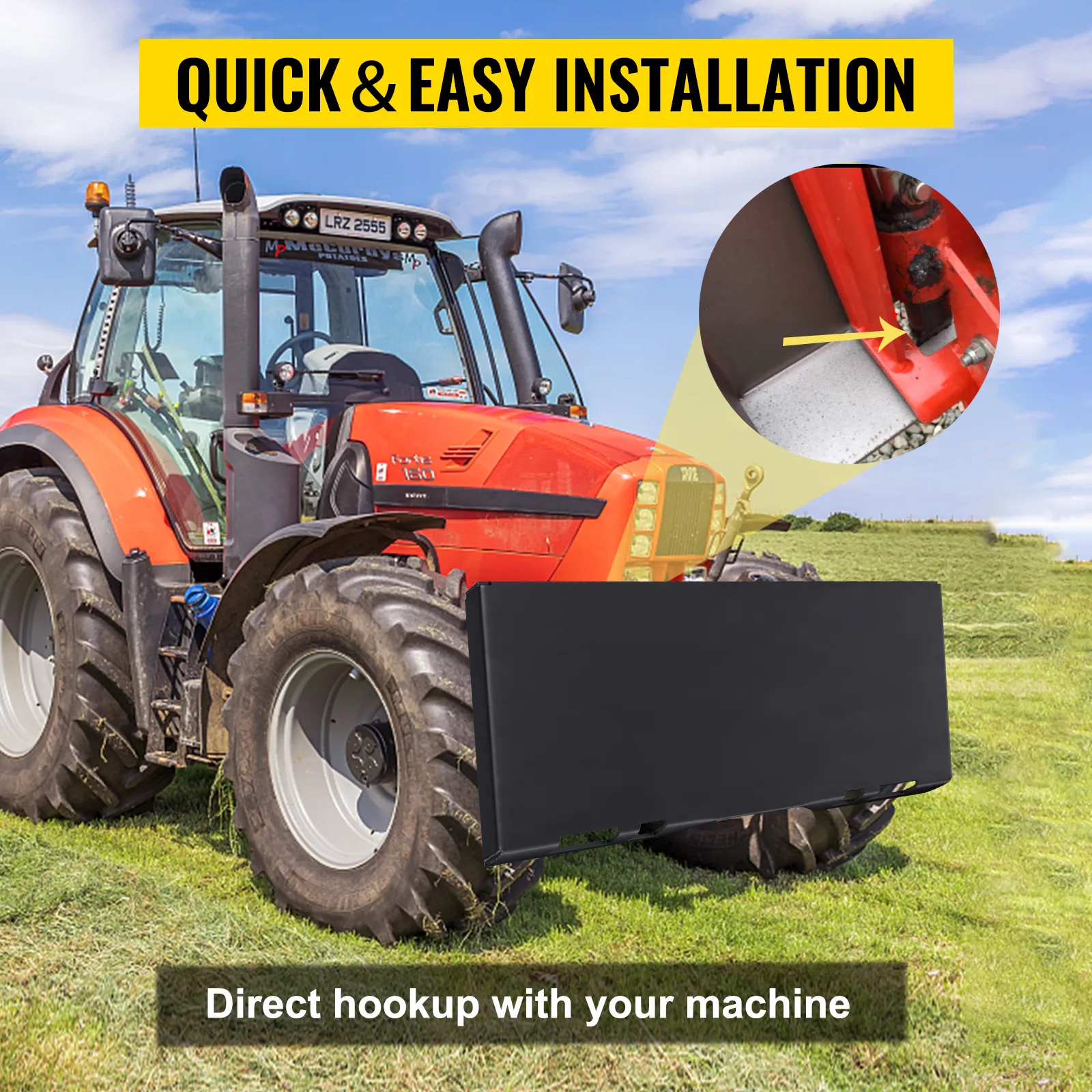 tractor with VEVOR skid steer attachment in a grassy field, highlighting easy installation.
