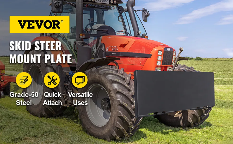 tractor met VEVOR skid steer-aanbouwdeel op grasveld, met nadruk op staal van klasse 50.