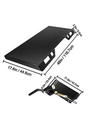 VEVOR skid steer-bevestiging met afmetingen in centimeters en inches.